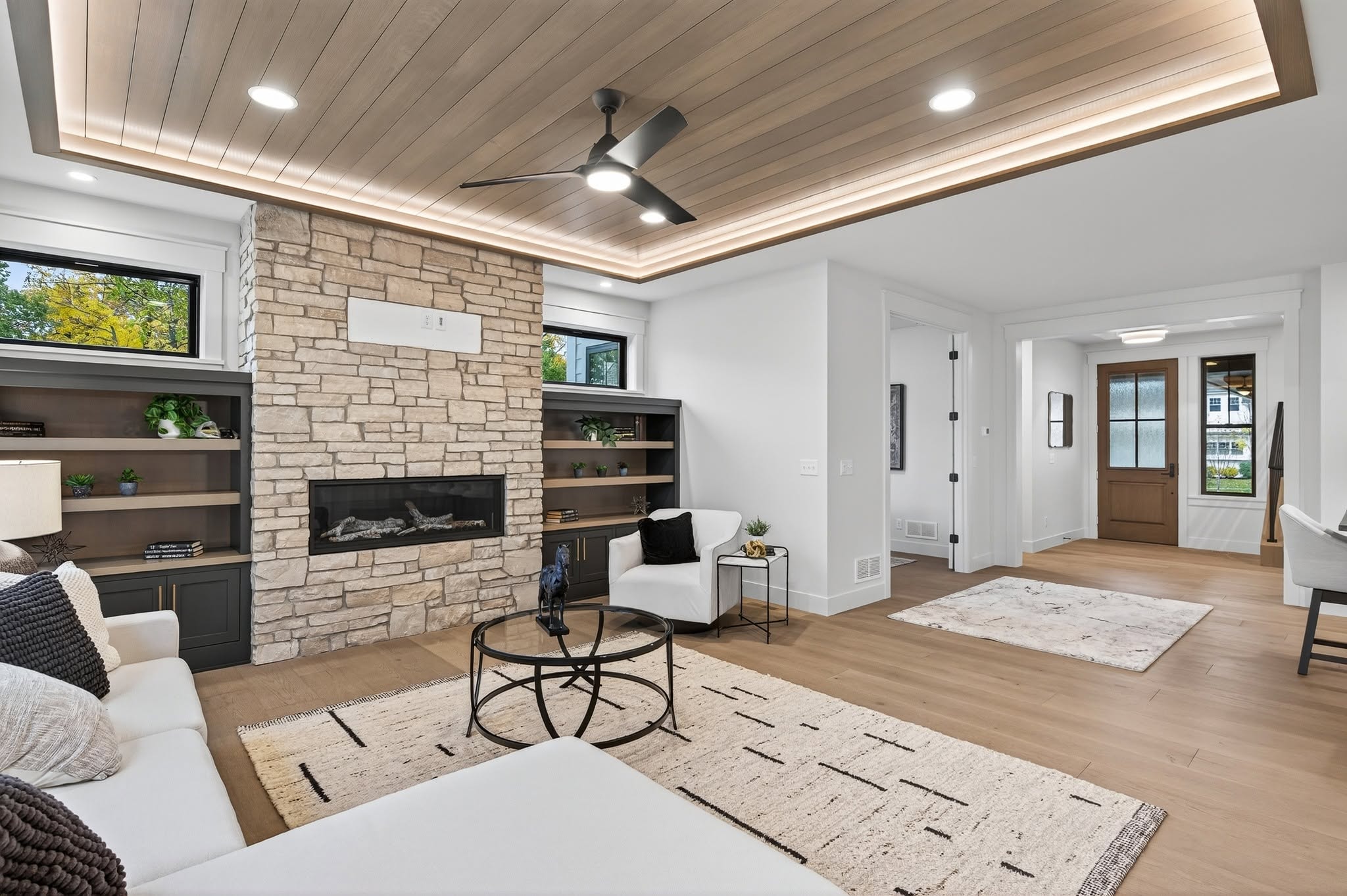Living room fireplace wide view